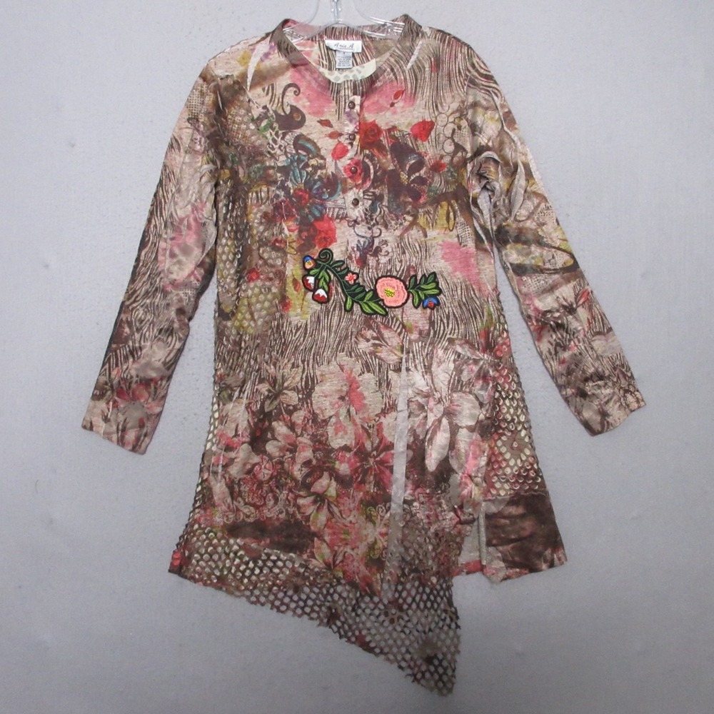 Anis A Top Tunic Medium Floral Artsy Mixed Media Asymmetrical Boho Festival Rare